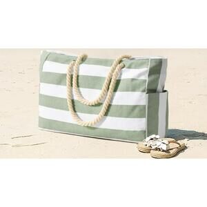Sage green n white Cabana striped beach / tote bag with side pockets NWOT